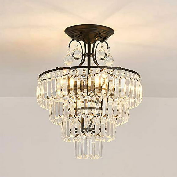 Cvkash 5 -Lights Crystal Round Chandelier Antique Modern Black Semi Flush Mount Ceiling Light Fixture Ceiling Lighting For Living Room Dining Room Bedroom Entryway Foyer Bathroom With E12