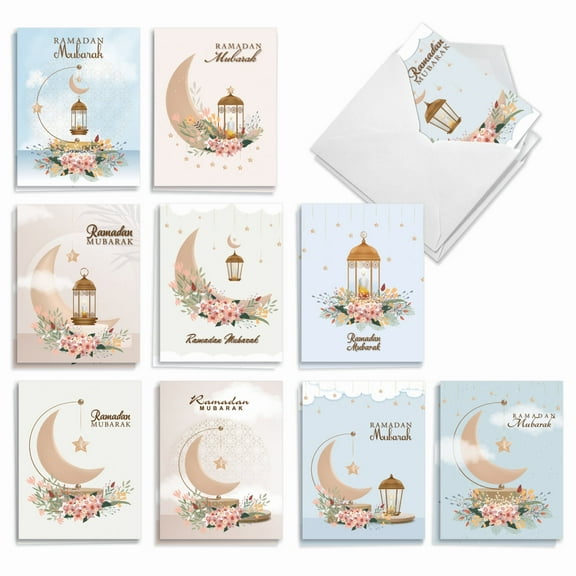 The Best Card Company 20 Assorted Ramadan Notecards Boxed Set 4 x 5.12 Inch with Envelopes (10 Designs, 2 Each) Ramadan Crescent Flowers AM10420RDG-B2x10