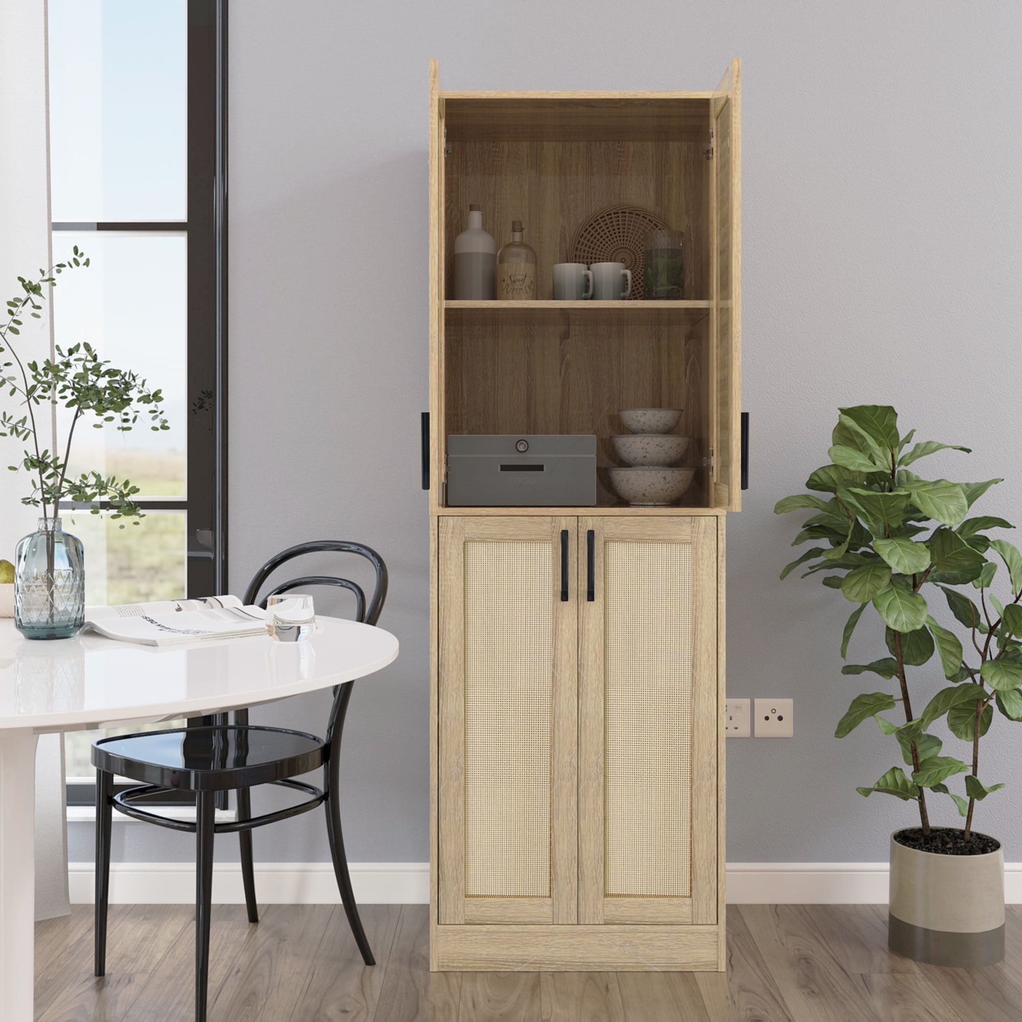 BOCVKENN Storage Cabinet - Kitchen Pantry Cabinet, Tall Pantry Storage Cabinet Freestanding with 4 Rattan Doors and Adjustable Shelves, Cupboard Cabinet for Dining Living Room, Laundry, Bathroom