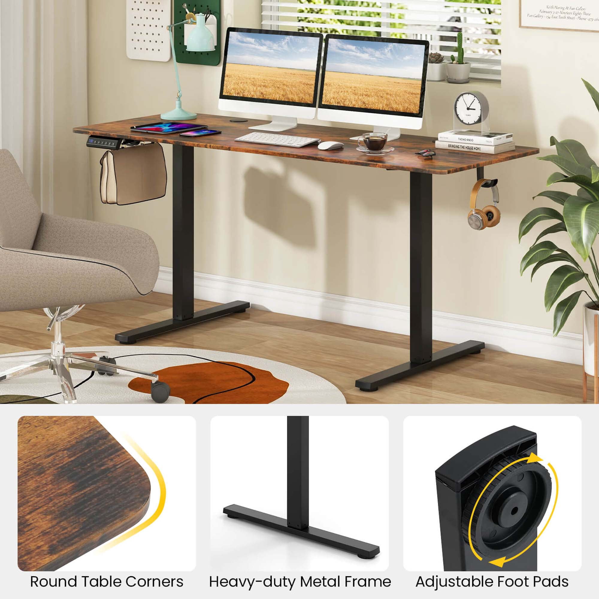 Costway 63 x 24 Inch Sit Stand Desk Height Adjustable Electric Standing Desk Brown