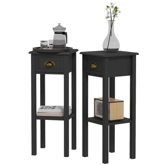 2-Tier Side Tables Set of 2 with Drawer and Storage Shelf, Narrow End Tables for Living Room, Hallway or Bedroom, Modern Accent Table for Small Spaces with Anti-Tip Design and Elevated Base, Black
