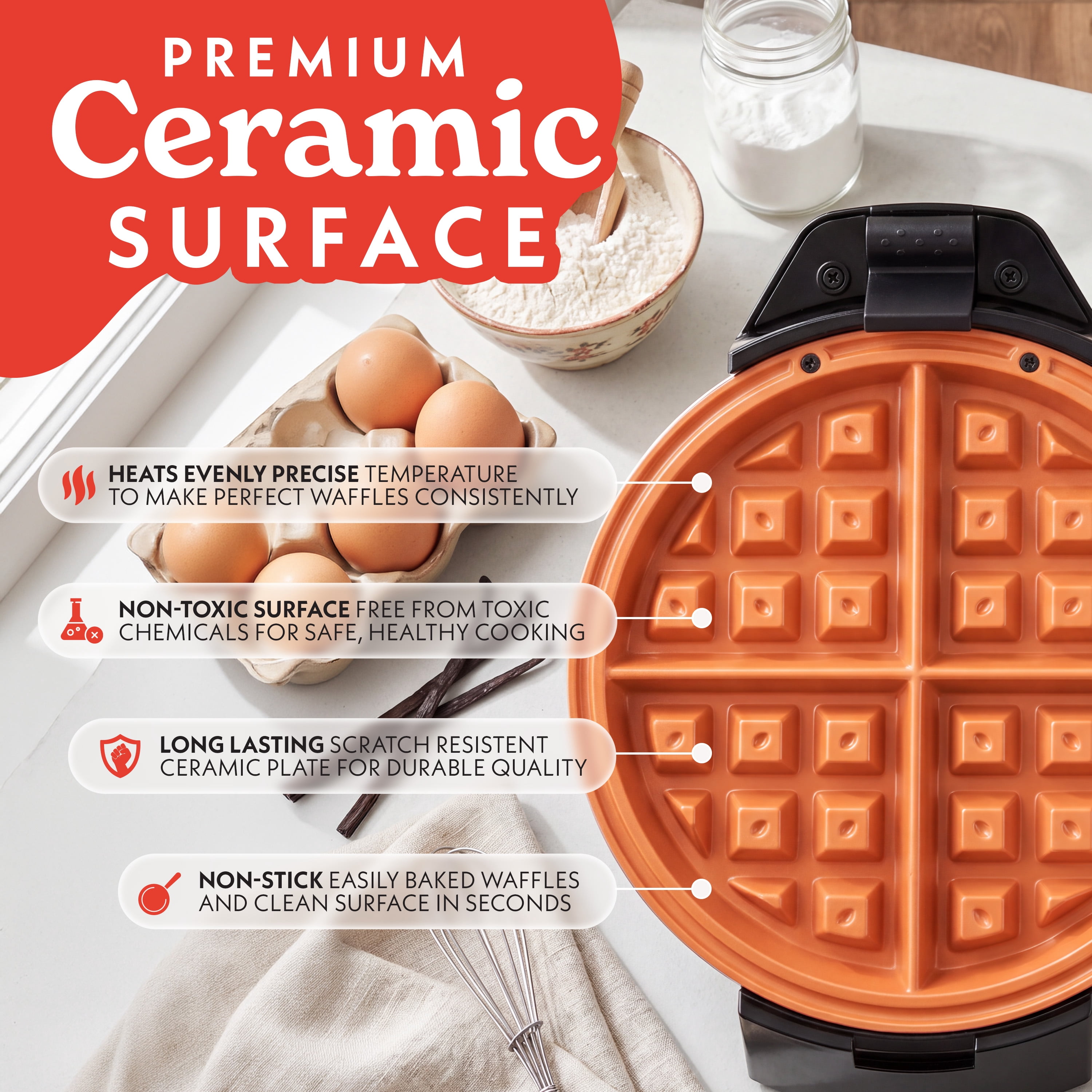 Gourmia Belgian Waffle Maker with Dual Heating, Nonstick Ceramic Plates & Browning Control
