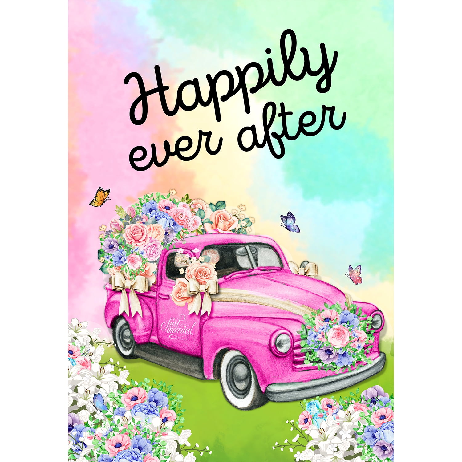 America Forever Happily Ever After Wedding House Flag 28 x 40 inch Double Sided, Floral Pink Pickup Truck Marriage Decor, Welcome Bride & Groom, Wedding, Engagement, Bridal Shower Flag