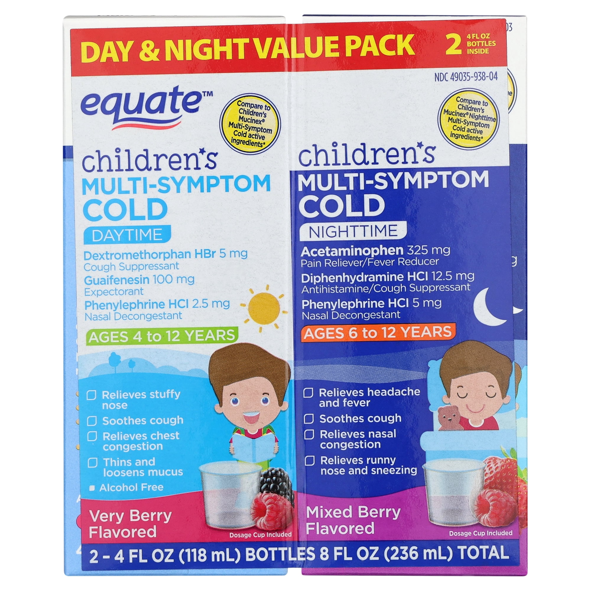 Equate Children's Multi-Symptom Day & Night Cold Liquid, Berry Flavor, Ages 4 to 12 Years, 8 fl oz