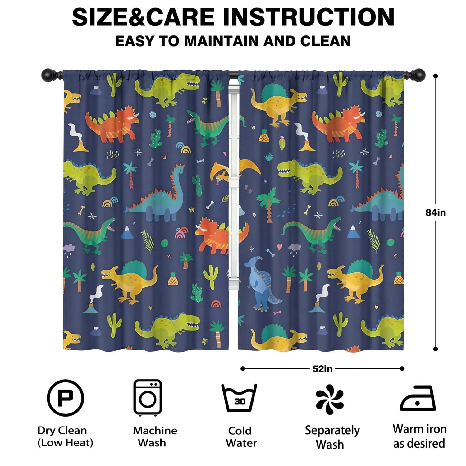 Dino Curtains for Boys Room, Kids Boys Cartoon Dinosaur Funny Colorful Safari Animals Blackout Window Drapery Treatments for Baby Kids Room Bedroom Living Room Nursery Fabric 2 Panels, 52x84 Inch