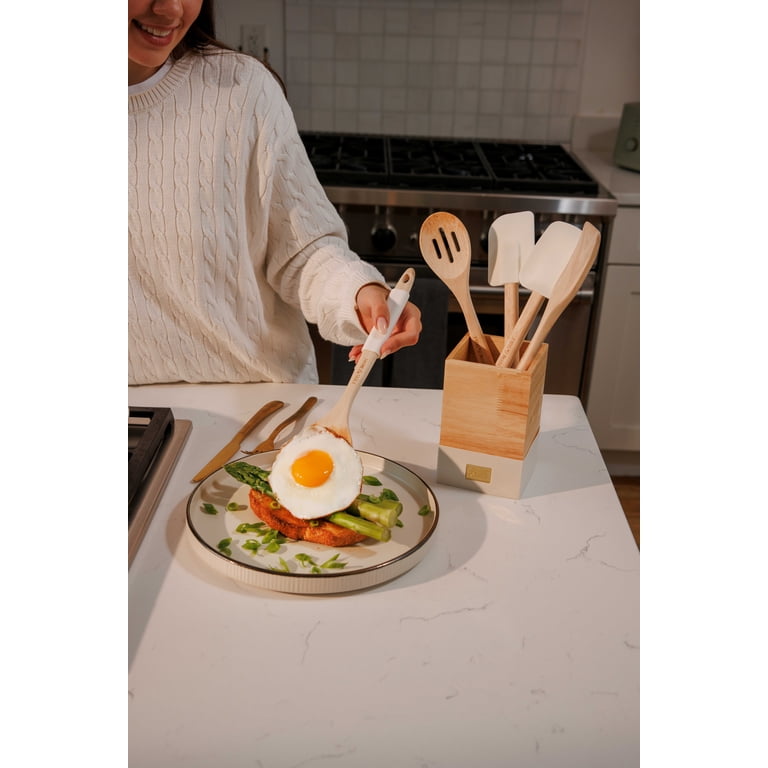 Thyme & Table 6-Piece Wood and Silicone Utensil Set, Cream