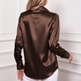 thumbnail image 4 of ClodeEU Women's Satin V Neck Long Sleeve Button Down Blouse,Casual Loose Fit Office Shirt Top Coffee,Women's Plus L, 4 of 5
