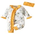 thumbnail image 1 of Newborn Baby Girls Long Sleeve Rompers Floral Print Ruffles Zipper Jumpsuits Bodysuit + Headband, 1 of 7