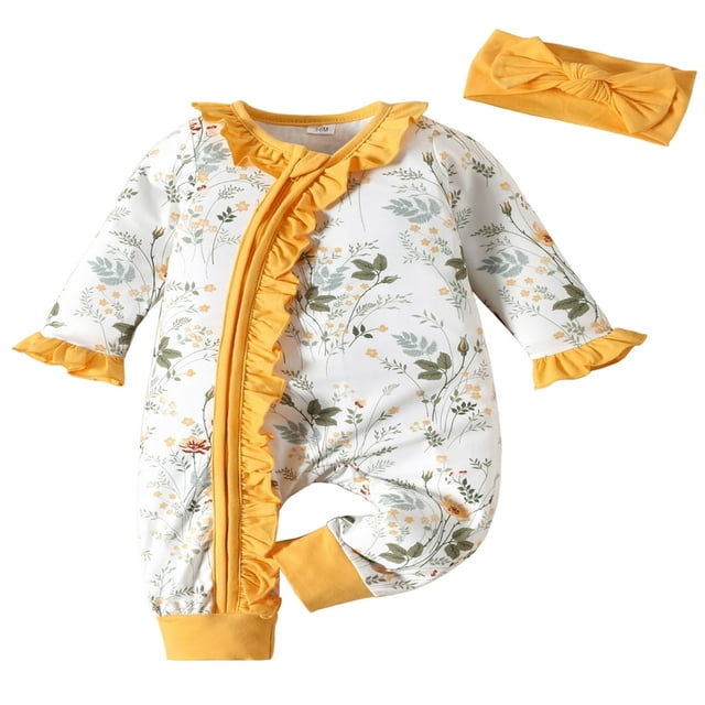 Newborn Baby Girls Long Sleeve Rompers Floral Print Ruffles Zipper Jumpsuits Bodysuit + Headband