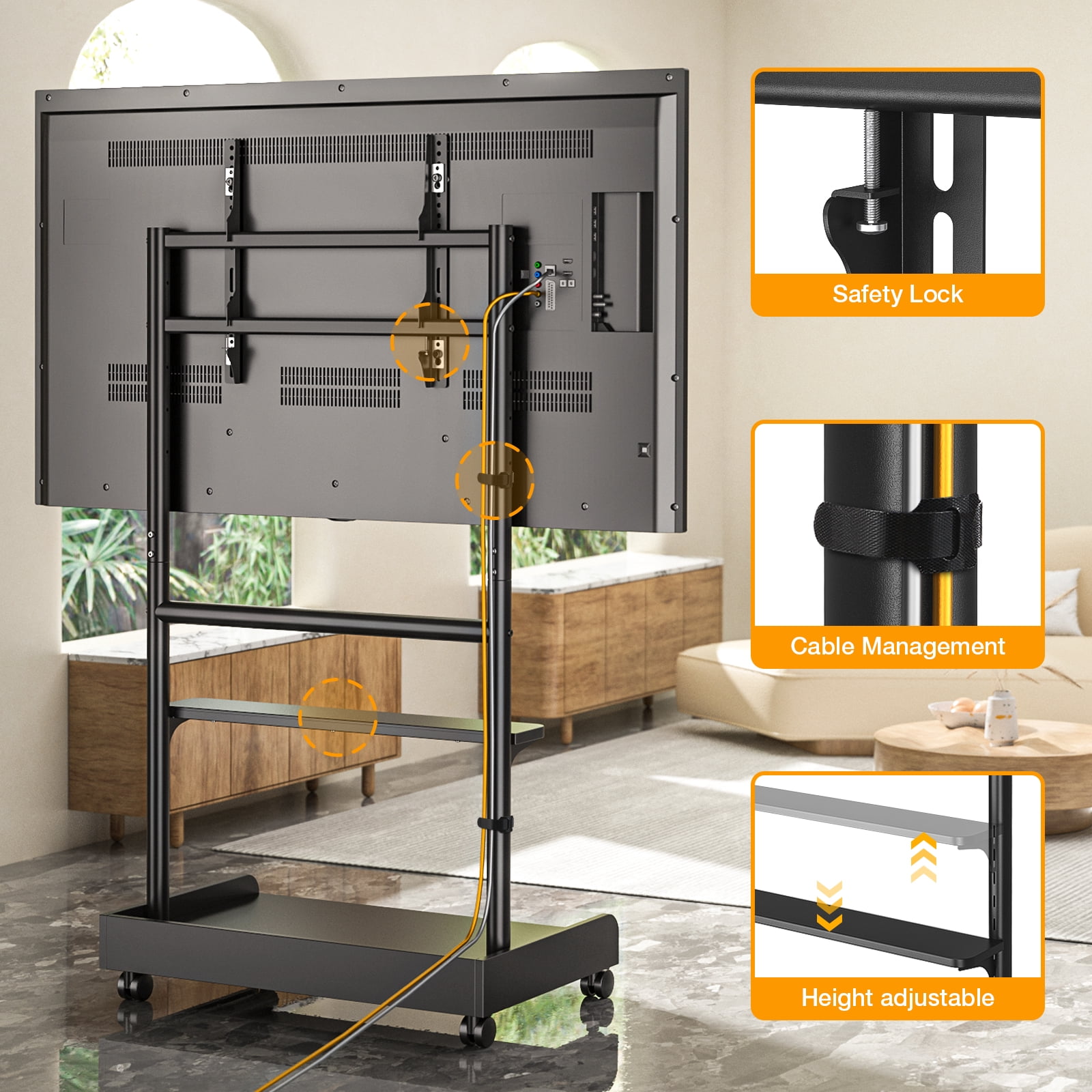RTVR Modern Rolling TV Stand for 40-86 inch TVs, with 4 Universal Silent 360° Caster Wheels & Storage Shelf, Black