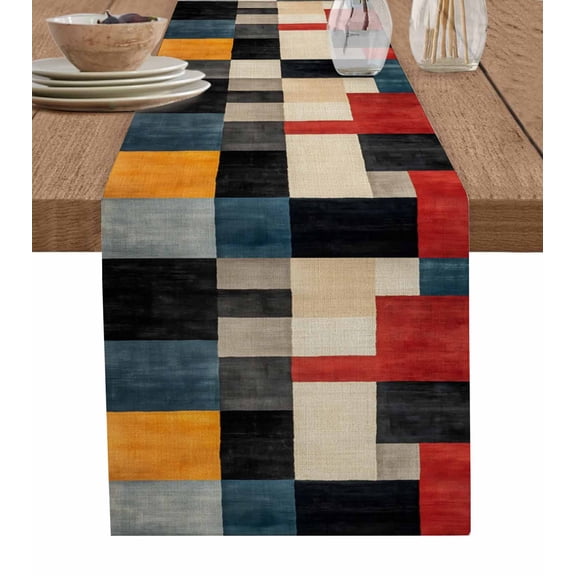ERUNPONLY Colorful Geometric Table Runner - 72 Inch Long Modern Abstract Art Block Cotton and Linen Blended Dress Scarves Farmhouse Table Runner for Kitchen Dining, Coffee Table, 14"x72"