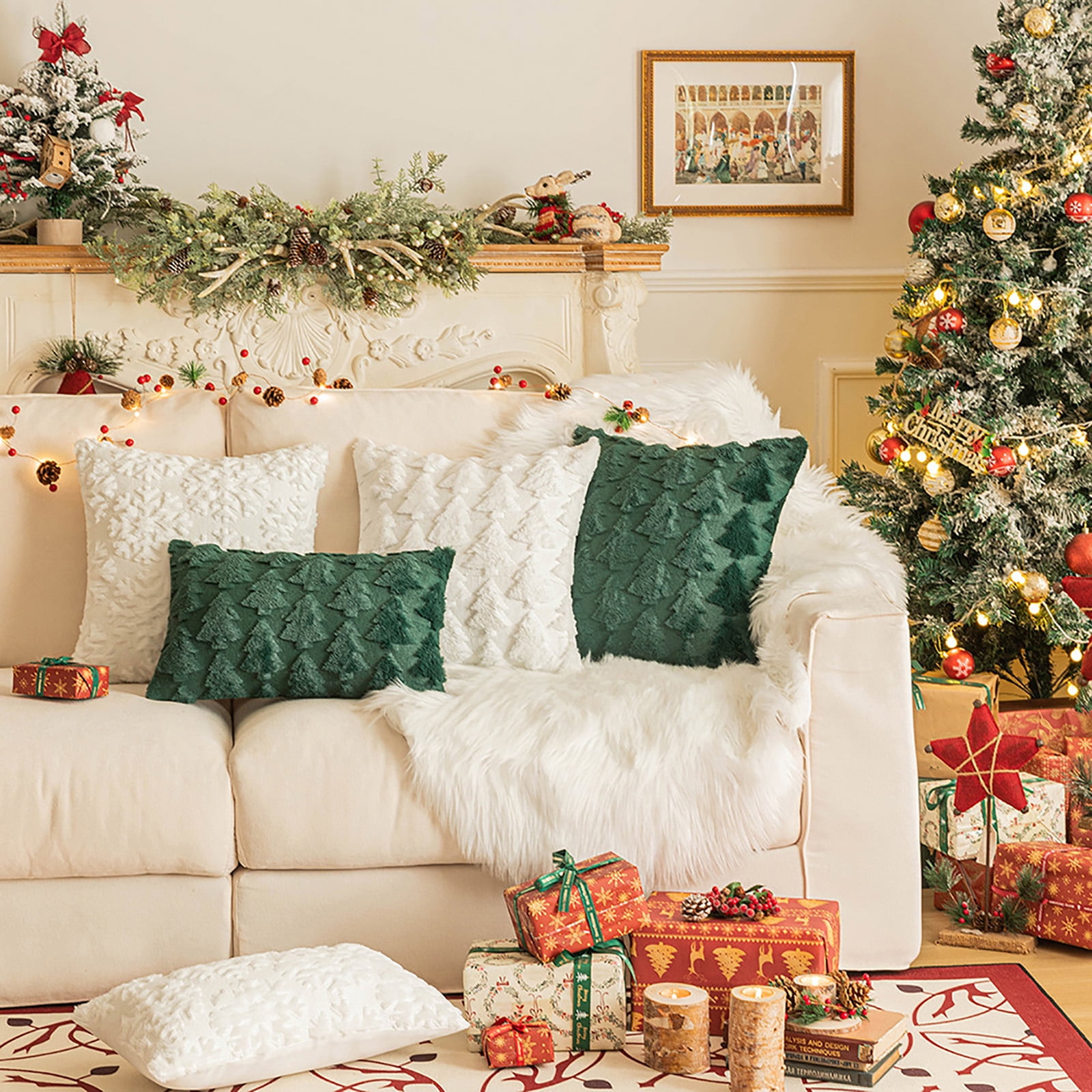 Christmas Pillow Covers 18x18 Inch Set of 2 Soft Plush Faux Fur Christmas Tree Deer Decorative Couch Cushion Case Throw Pillows Pillowcases for Couch Sofa Holiday Festivals Winter Decor