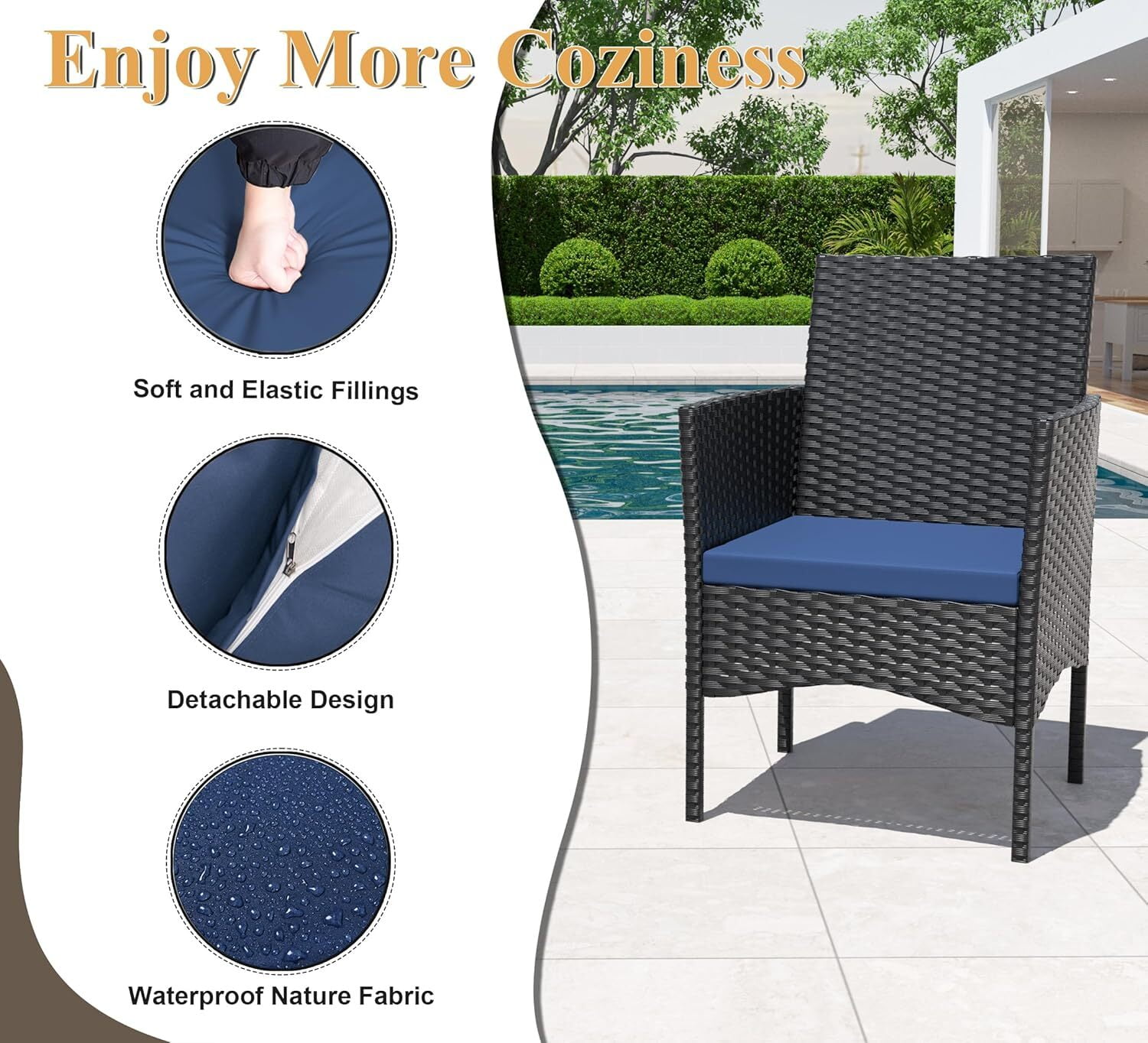 ASJMR 4 Pieces Outdoor Patio Furniture Sets Wicker Rattan Conversation Chair Set with with Cushions & Tempered Glass Table for Patio Pool Backyard,Navy