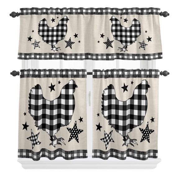 3 Piece Kitchen Curtains and Valances Set Chicken Hen Cafe Curtains 24 Inch Length Rooster Animals Farmhouse White Black Plaid Vintage Valance & Tier Curtain for Living Room Bedroom 54"x18" 27"x24"*2
