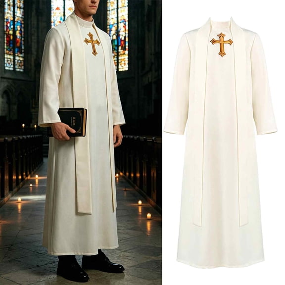 FASHOFT Adult Medieval Priest Halloween Costumes Long Robe Cosplay Set Judge Gown Outfit Party Stage Performance Dress Up Halloween Costume L