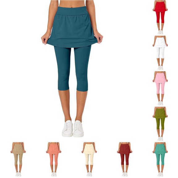 Huowey Women High Waist Capri Skort Stretch Solid Skirted Leggings Wide Elastic Waistband Breathable Athletic Bottoms For Tennis Yoga Workout Walking Casual Summer Pants,Dark Green,M
