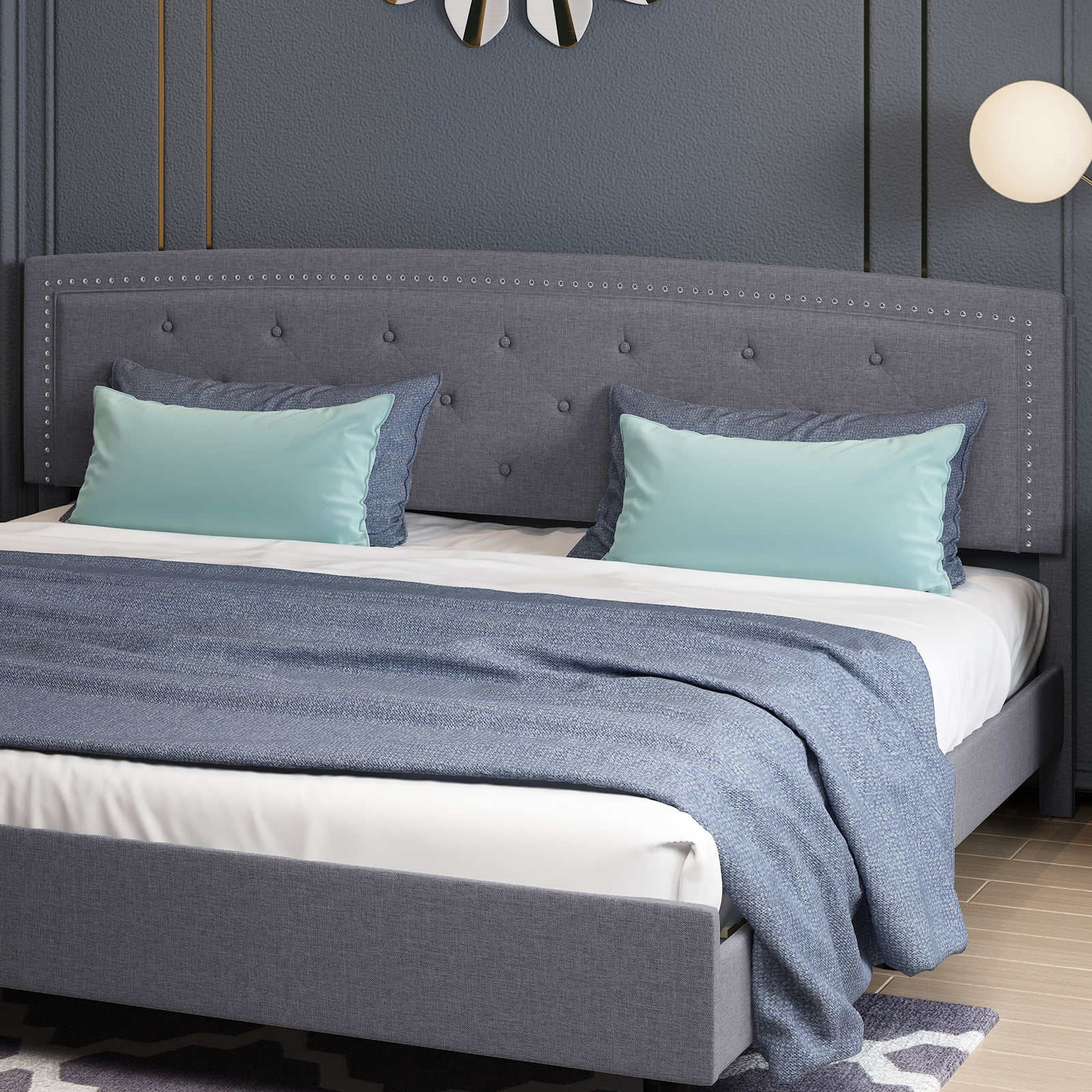 Mixoy Modern Queen Headboard,Linen Fabric, Dark Grey