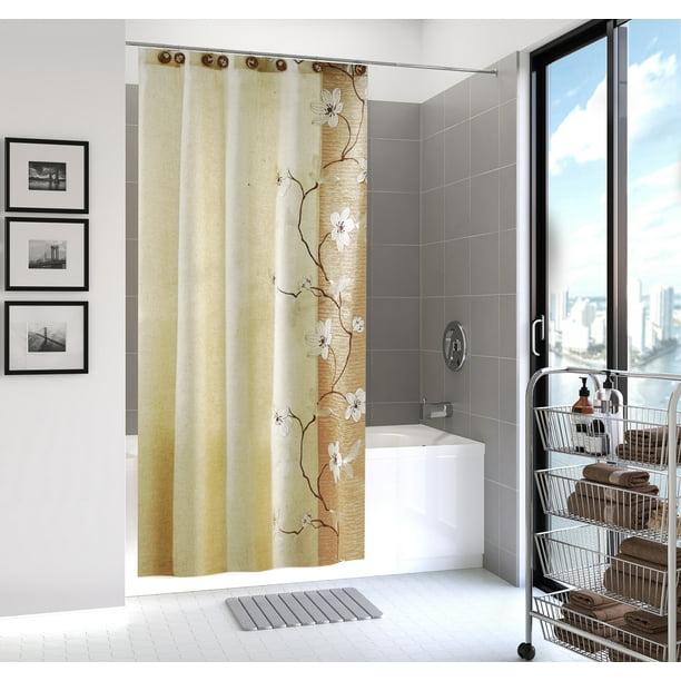 Fancy Bath Outlet Fabric Bathroom Shower Curtain Gold Flower and Vine