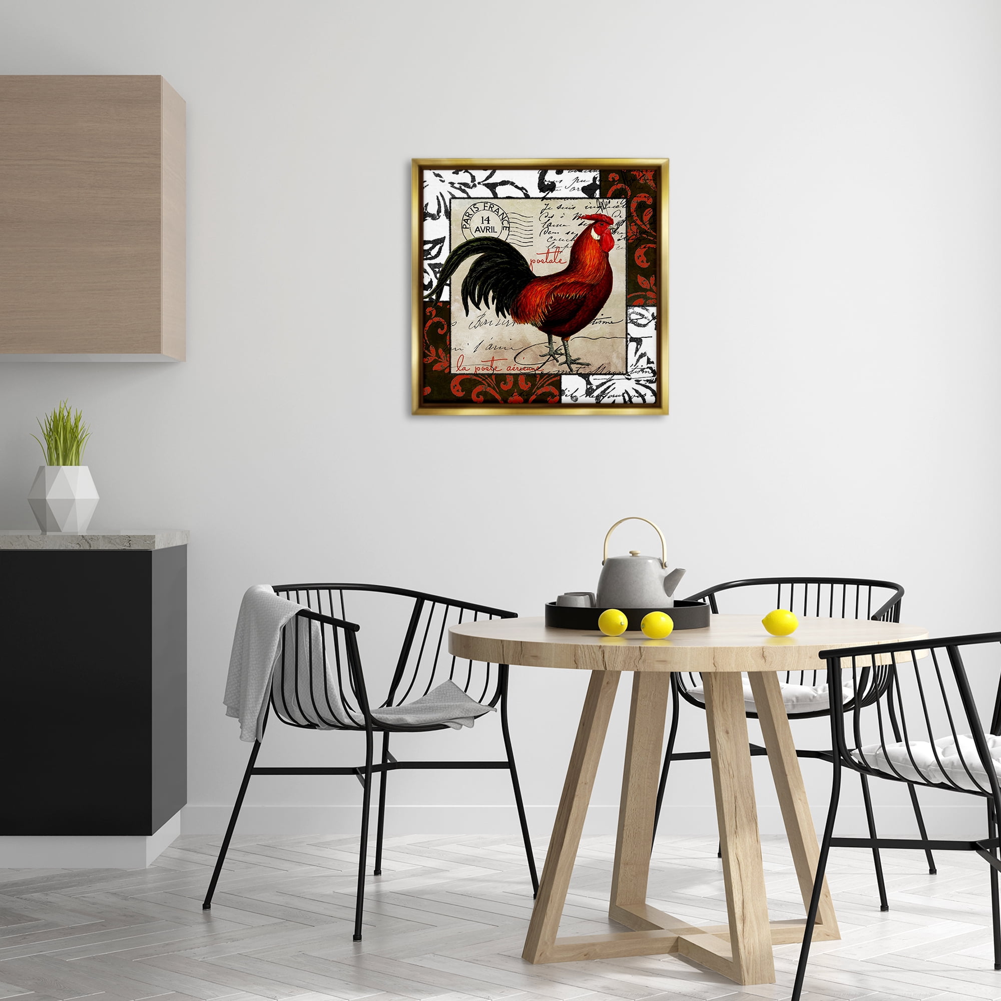 Stupell Industries Rooster & Vintage Post Animals Painting Gold Floater Framed Canvas Art Print Wall Art, 25 x 25
