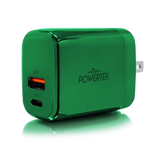 Liquipel Powertek 20W PD USBC and 18W USB A Dual Port Wall Block Charger, Type C Fast Charging Cube, Wall Power Adapter with Foldable Plug, Metallic Shine Green