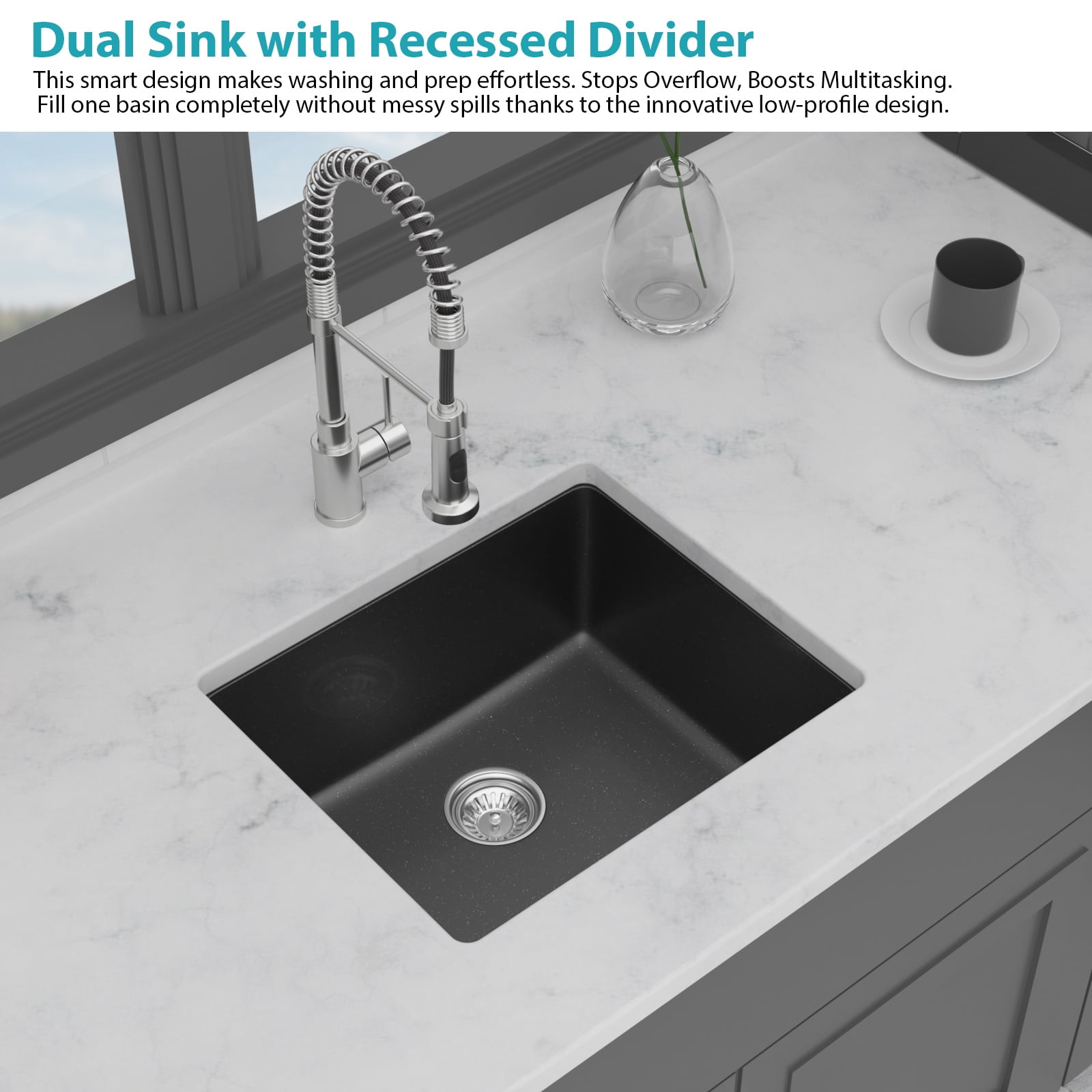 METAFLOWX Quartz Kitchen Sink - 21" x 18" x 9.65" Black Granite Composite Undermount Bar Sink