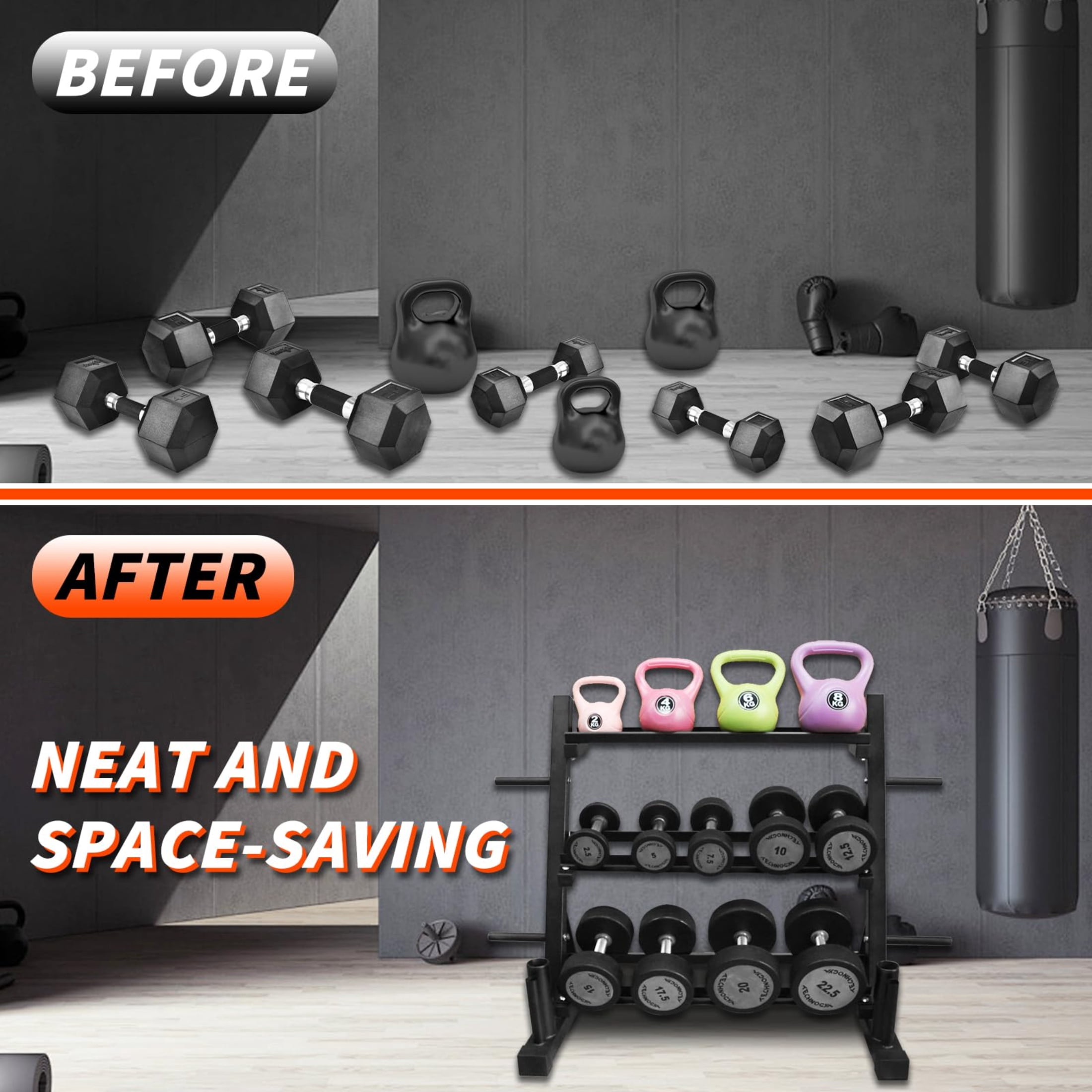 HOUGEET Dumbbell Rack – 3 Tier Adjustable Weight Storage Stand with Side Barbell Plate Holder – Multi Purpose Home Gym Organizer for Dumbbells