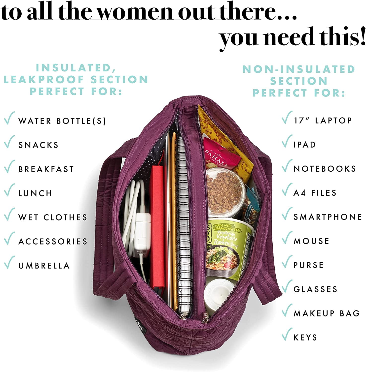 Fit + Fresh Quilted Metro Lunch and Laptop Tote, 2 -in-1 Lunch Bag, Plum