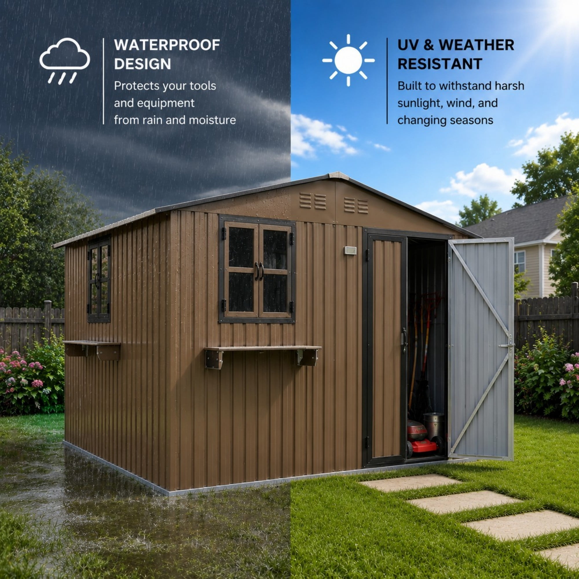 Aukfa 10x8 FT Outdoor Storage Shed with Lockable Doors&Flower Rack, Metal Garden Shed for Bike/Generator/Tool Storage, Brown