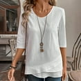 thumbnail image 6 of Womens Blouses Linen Shirts Solid Color 3/4 Sleeve Tops Summer Casual Loose Round Neck Work Blouses Ladies Basic Tunic Tops Going Out Tops for Women, 6 of 6