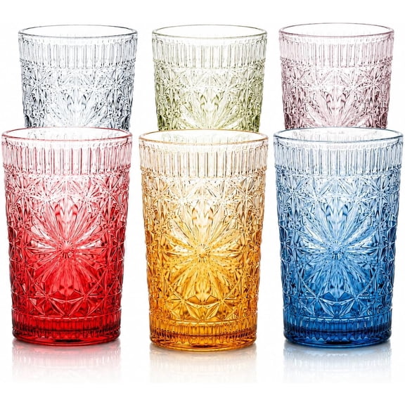 Colored Drinking Glasses Set of 6, 13 oz Gradient Embossed Highball Glasses, Textured Glass Cups Tumblers for Water, Iced Coffee, Juice & , Dishwasher Safe(Dahlia style)