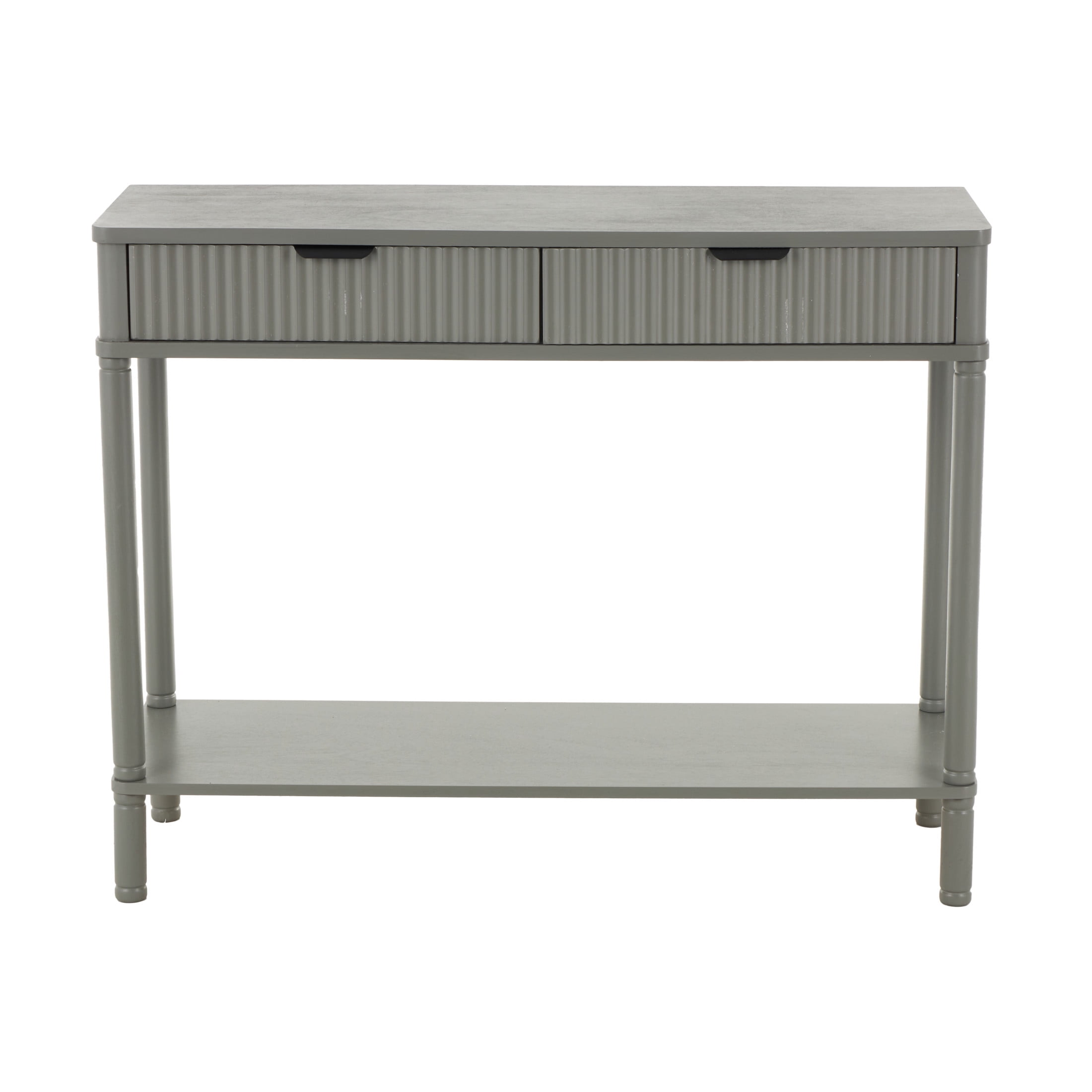 DecMode 36" x 28" Gray Wood Handmade 2 Drawer Console Table with Black Handle and Ribbed Front, 1-Piece