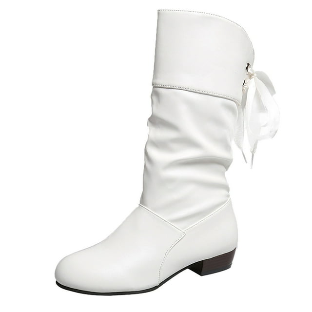 Bottes Mi-Mollet pour Femmes Talon Bas Bout Rond Lacets Arrière Idéal pour Automne Hiver Tenue Décontractée Bottes d'Hiver pour Femmes (Couleur : Blanc, Taille : 36)