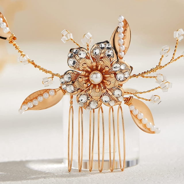 Peineta para el pelo para novia, pasador con diamantes de imitación y perlas, accesorios para el cabello de boda para novia, dama de honor, mujeres y niñas, dorado