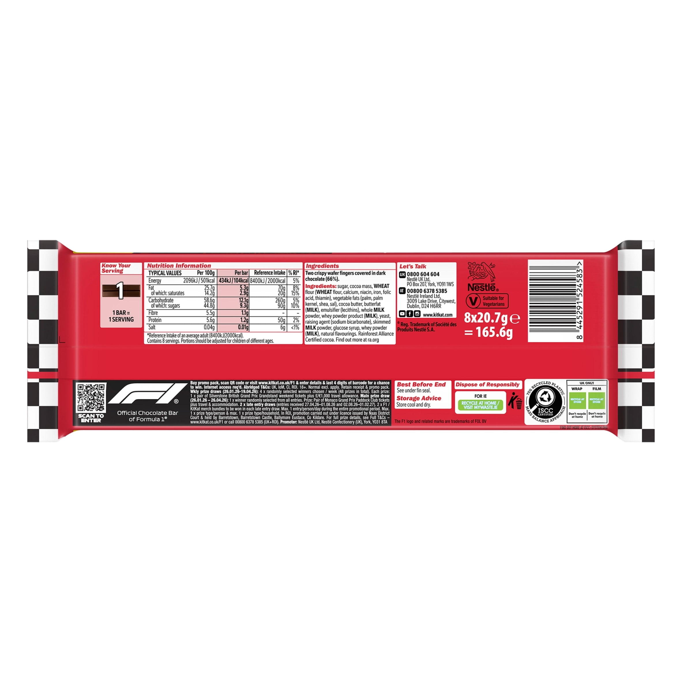 KitKat 2 Finger Dark Chocolate Biscuit Bar 8 Pack Multipack 165.6g, Imported from Britain