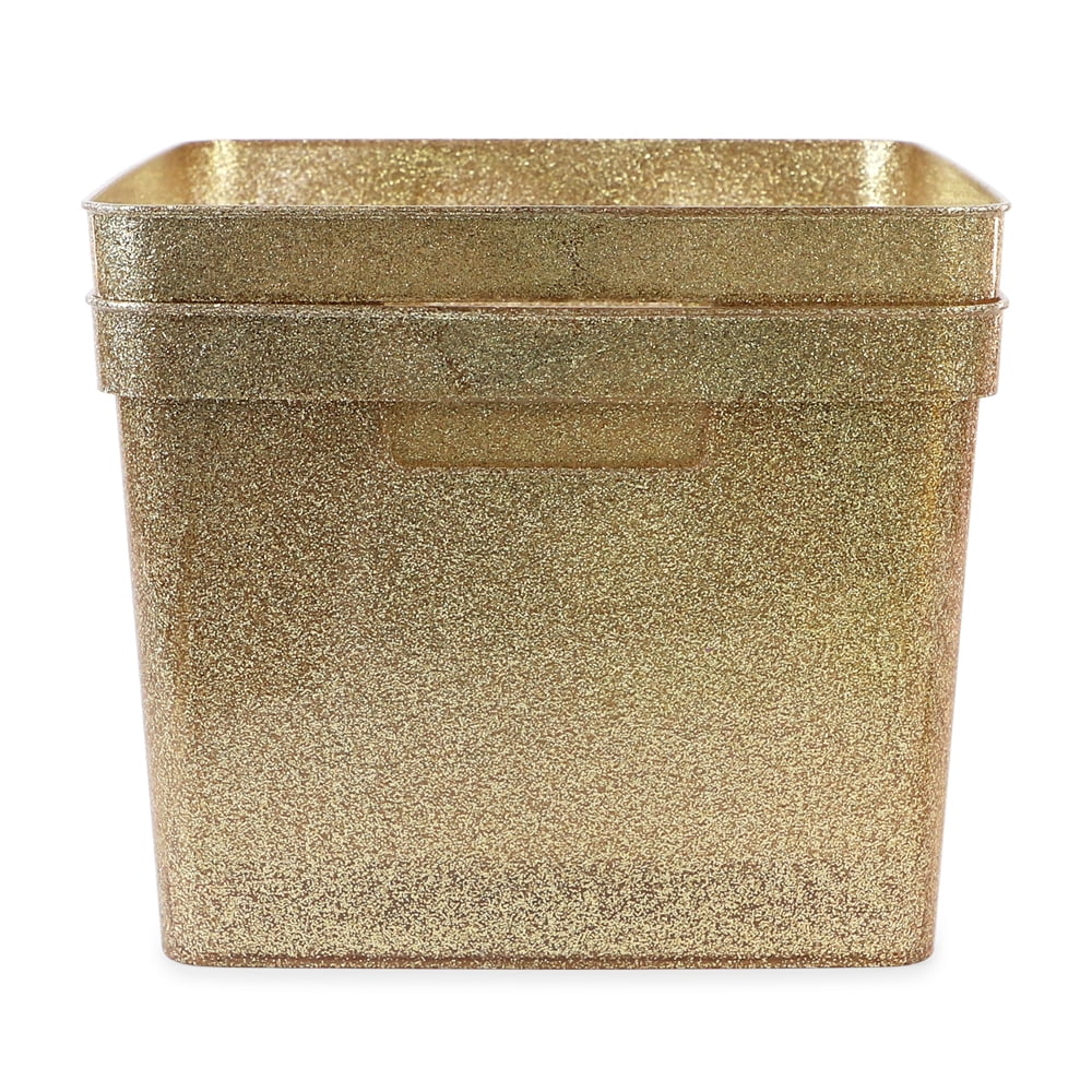 Isaac Jacobs 2-Pack Large Gold Glitter Storage Bin Set with Cut-Out Handles, Plastic Organizers