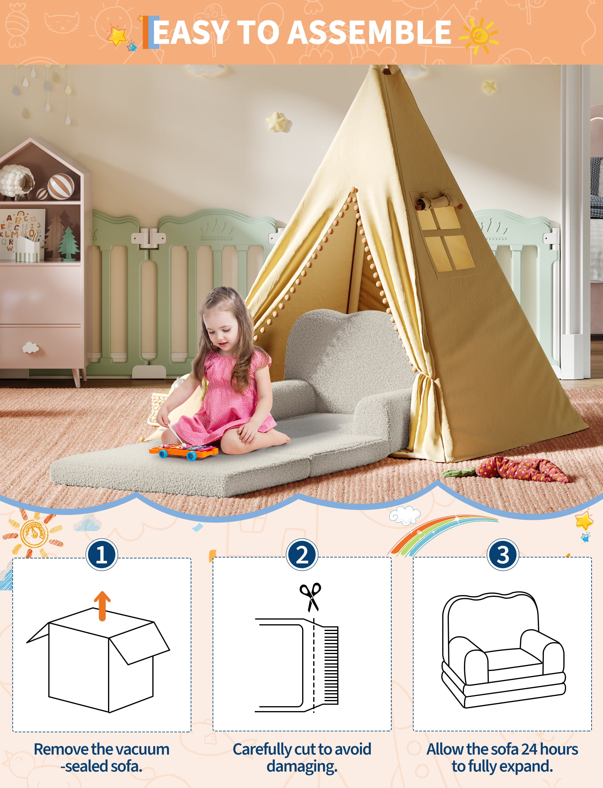 Kids Couch, 2-in-1 Convertible Teddy Fleece Fabric Toddler Sofa Chair, Soft Fold Out Couch Lounger, Comfy Children's Sofa Bed for Nursery Gift