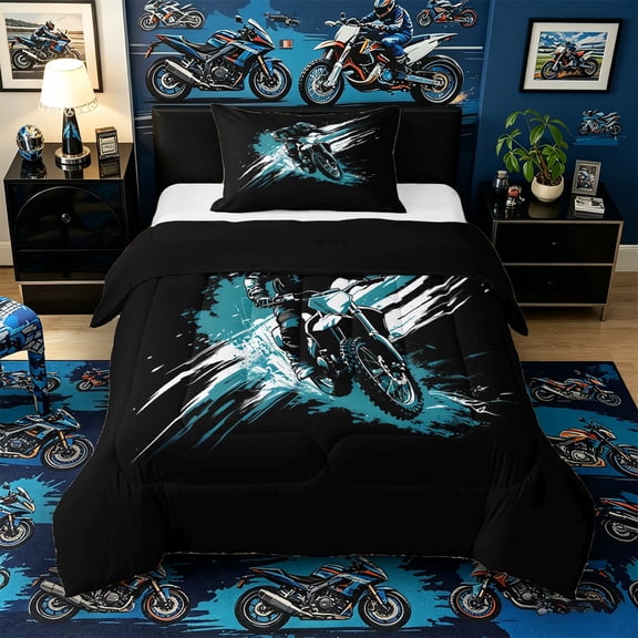 Castle Fairy Graffiti Dirt Bike Twin Comforter Sets 3-Piece for Boys, Teal Splash Print Bedding Set for Bedroom, Teal Black,Black Reversible