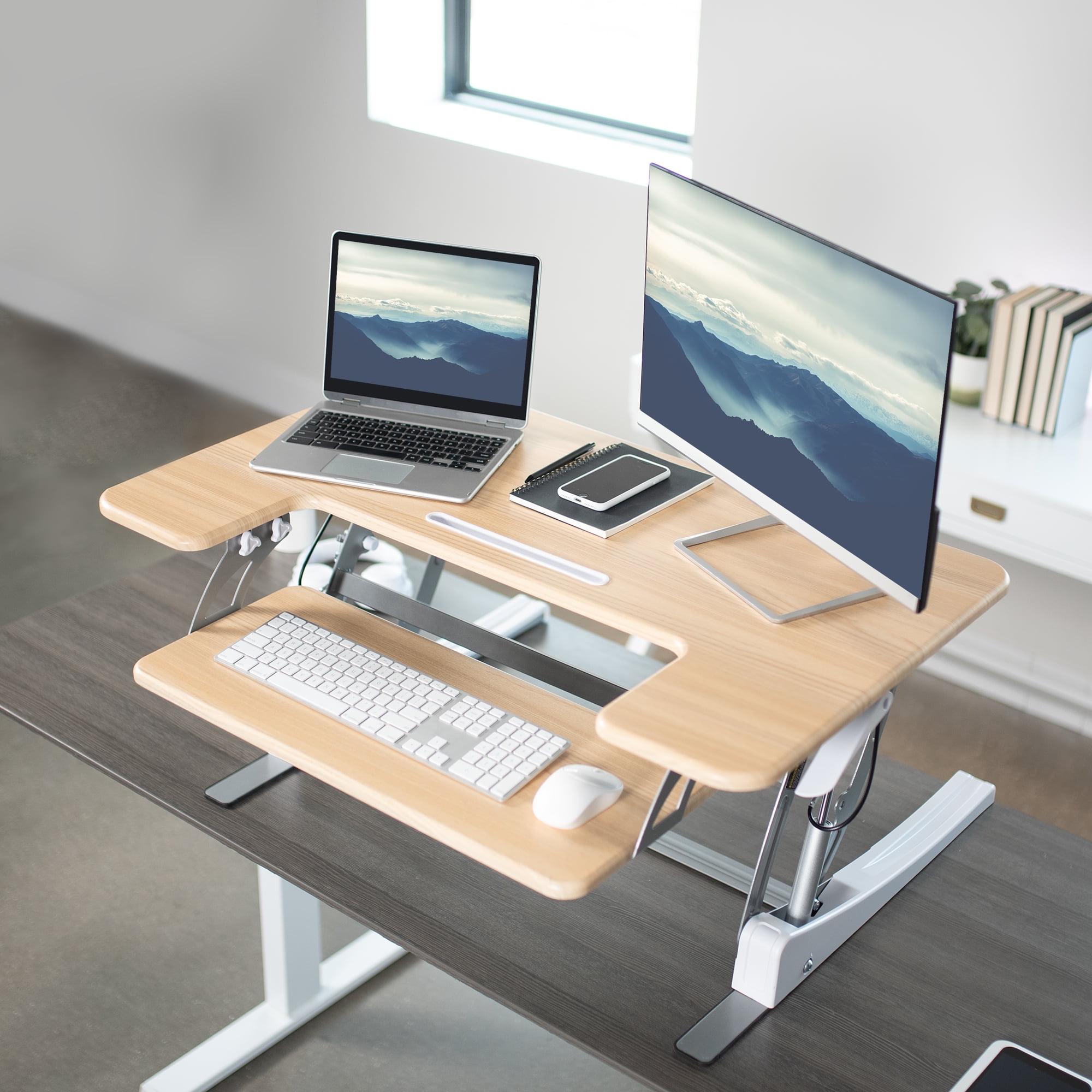 VIVO Light Wood Standing Desk Monitor Riser, Tabletop Sit to Stand, White Frame