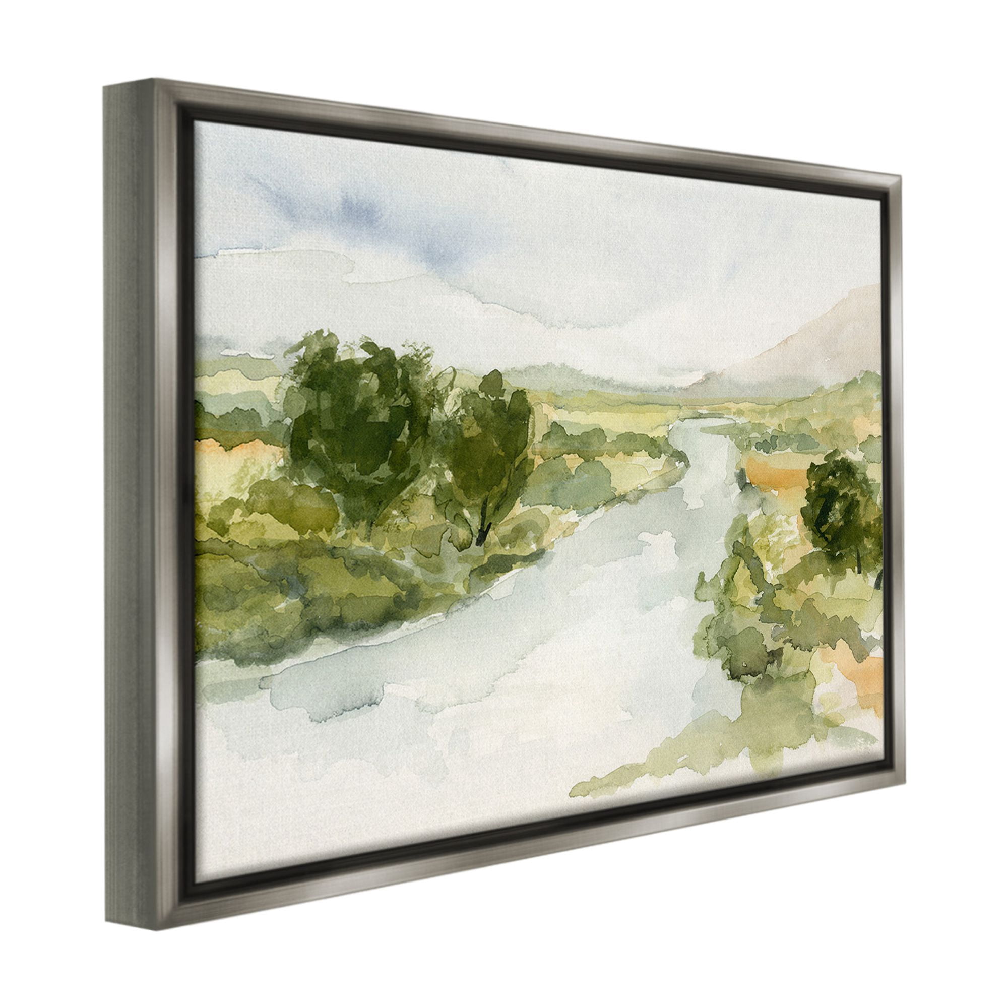 Stupell Industries Natural Flowing Stream Landscape Painting Gray Floater Framed Canvas Art Print Wall Art, 31 x 25