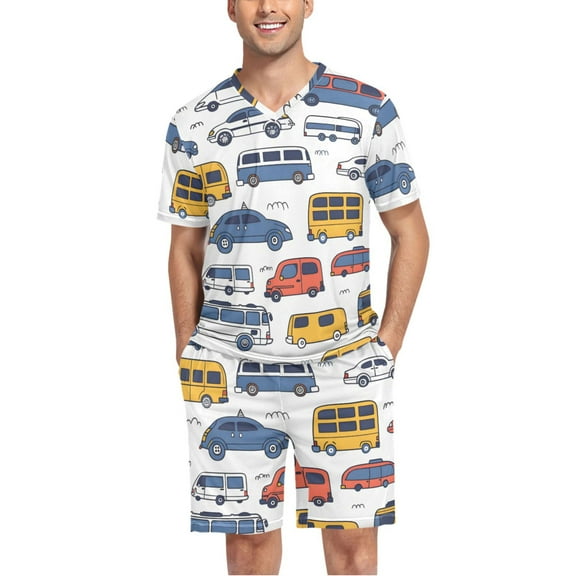 joogoo Men's Pajama Set Vehicles Bus V-Neck Pj Shorts Set 2 Piece Loungewear Sleepwear L