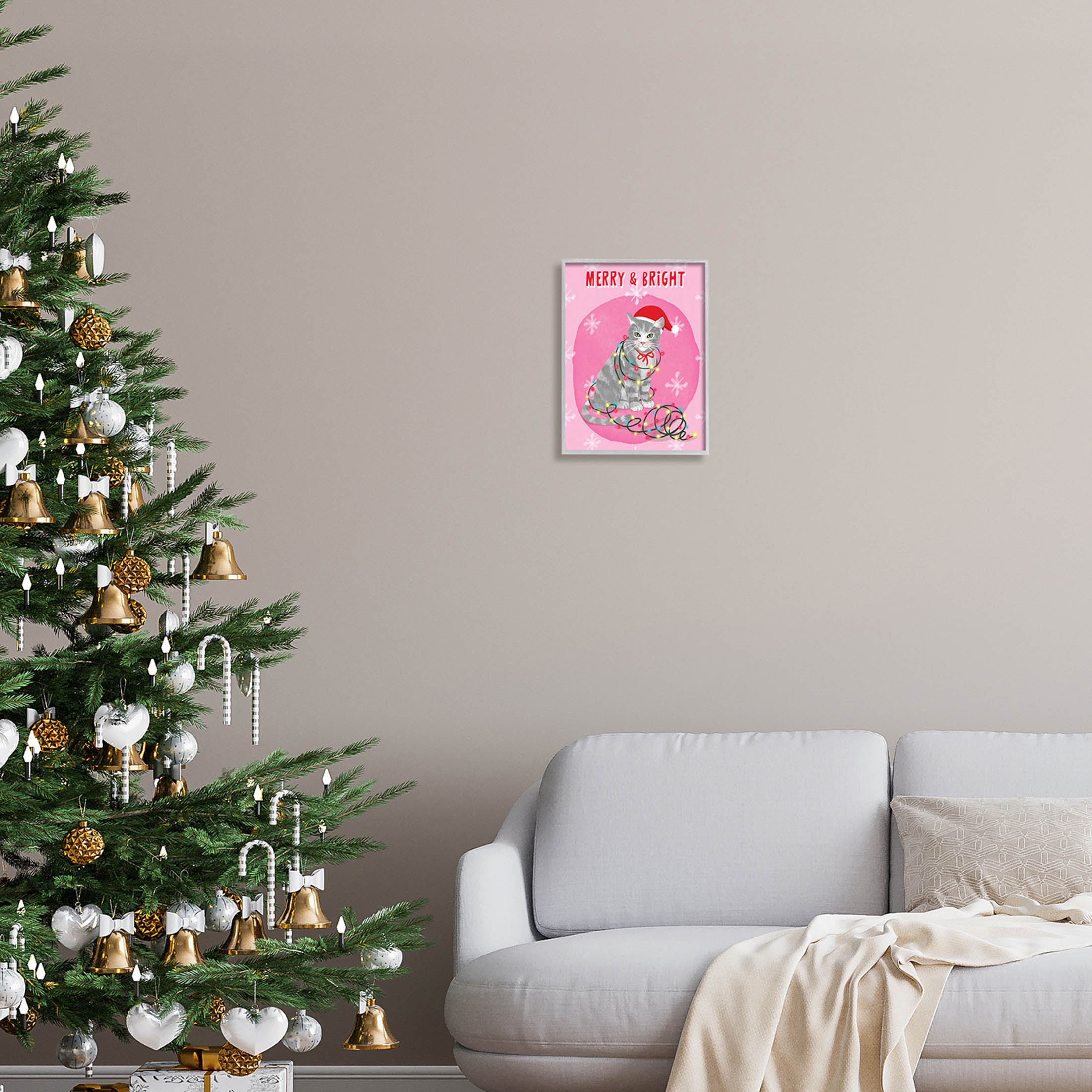 Stupell Industries Merry & Bright Christmas Cat Lights Graphic Art Gray Framed Art Print Wall Art, Design by Be Ni La