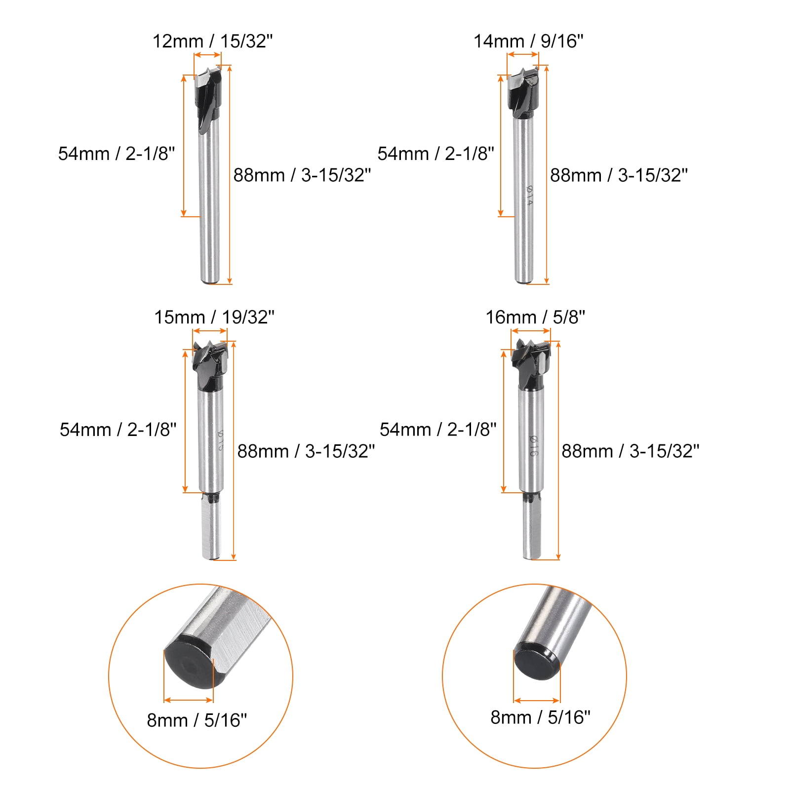 Uxcell 4 Pieces Forstner Drill Bit Set 15/32" 9/16" 19/32" 5/8" K30/C1 Carbide Bits Wood Hinge Hole Opener