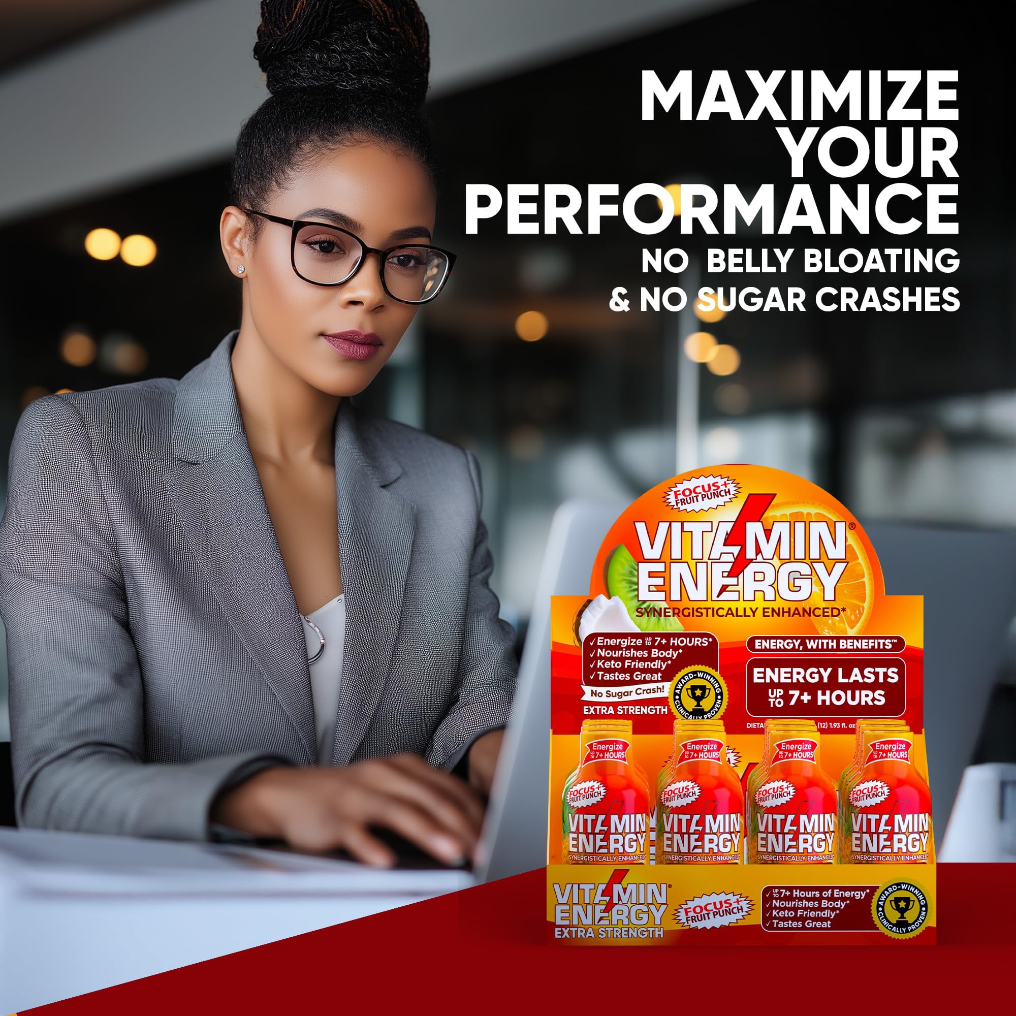 Vitamin Energy Focus+ Extra Strength Shot, Fruit Punch, 24 Pack – 260mg Natural Caffeine, CoQ10 & B-Vitamins, Zero Sugar, 1.93 fl oz