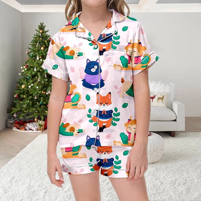 Adorable Printed Girls Pajama Set Short Sleeve Button Up Top and Comfy Shorts for Cozy Home Wear