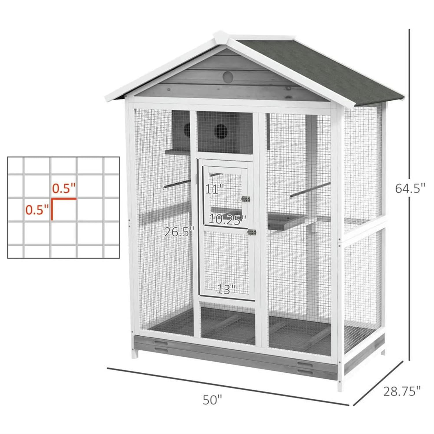 Kadyn 64" Height Wooden Outdoor Flight Bird Cage Aviary with 4 Perches and Slide-Out Tray for Parrots Conures Lovebird Cockatiel Parakeets, Gray