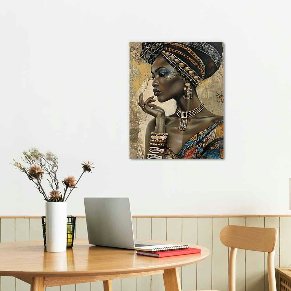 Shiartex African American Wall Art, Canvas Painting Black And Golden Woman Portrait Abstract Poster Artwork Modern Home Decorations Framed Ready To Hang For Living Room Bedroom 16x20 in/12x16 in