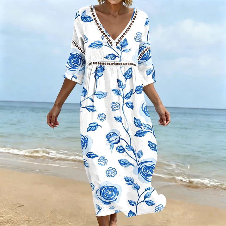 Odbmxy Womens Midi Dresses Plus Size Tunic Fall 3/4 Sleeve Smock V-Neck Flowy Floral Holiday Regular Dress Women Casual