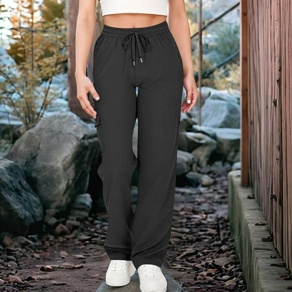 Riecok Cargo Sweatpants for Women High Waist Drawstring Elastic Waist Solid Color Workout Lounge Trousers with Pockets