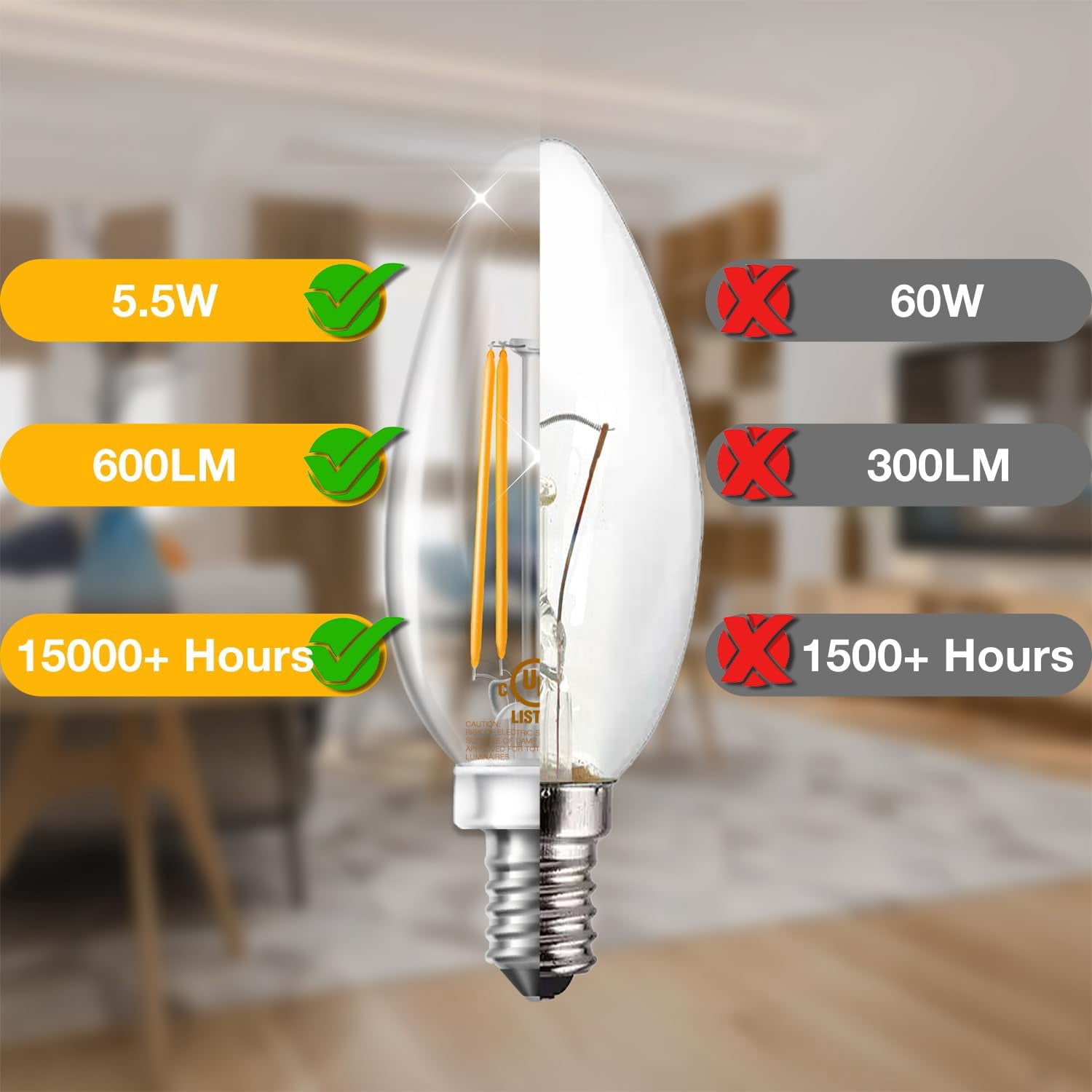 Dimmable E12 Candelabra LED Light Bulbs, Chandelier Light Bulb 60 Watt Equivalent, 5.5W 600 LM 2700K Warm White, B11 Vintage LED Filament Candle Light Bulbs, No Flicker, UL Listed, 12 Pack Warm White