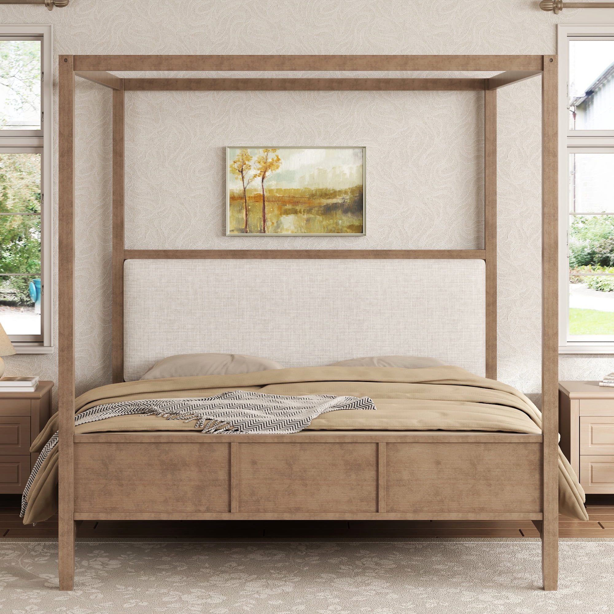 Euroco Wood King Size Canopy Bed with Upholstery Headboard, Modern Platform Bed, No Spring Box Needed, Natural